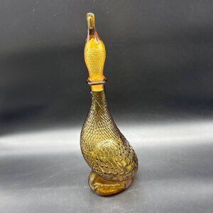 Vintage Amber Glass Duck Decanter Bottle Italy Empoli Mid Century Decorative Bar